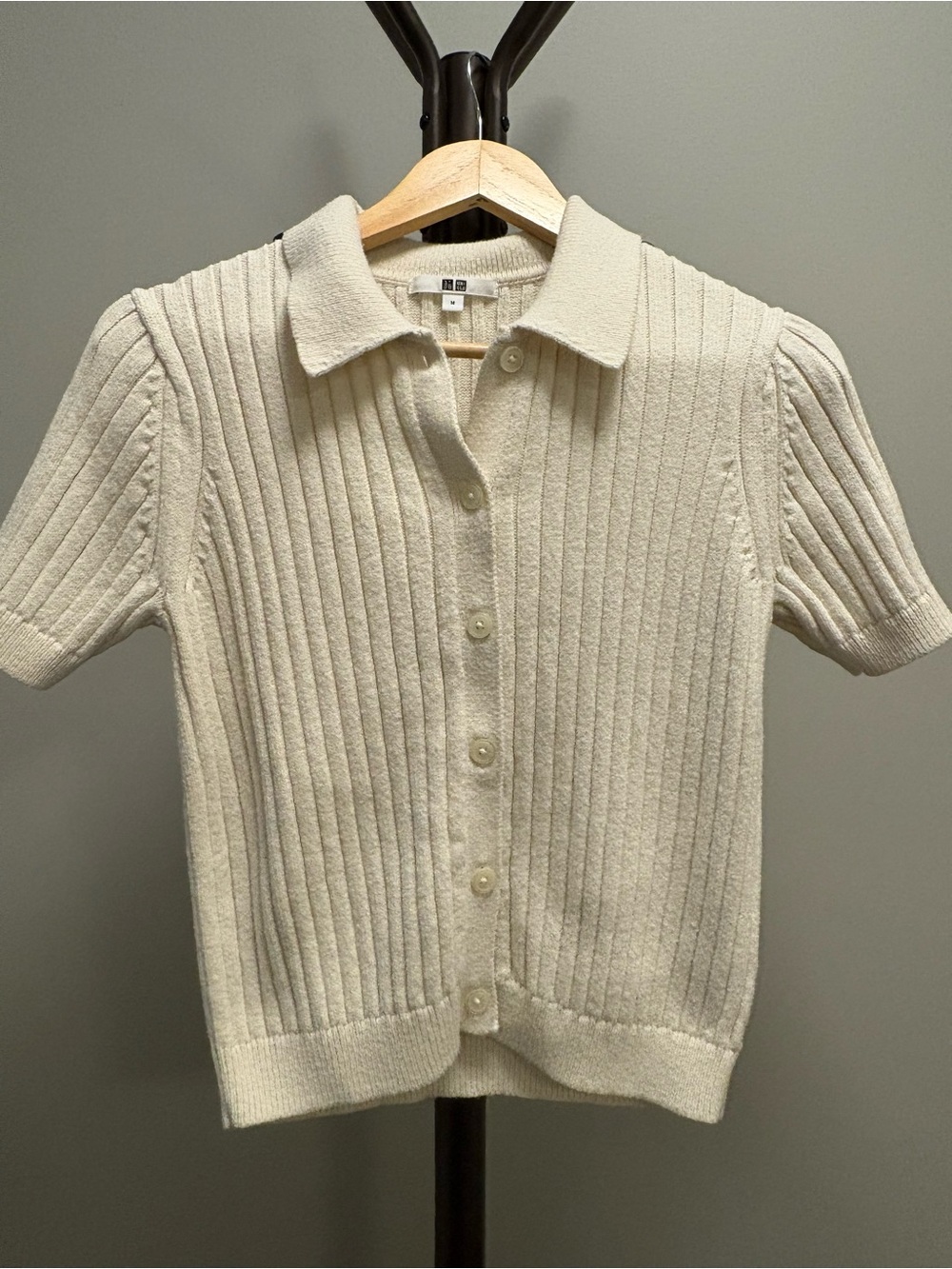 Uniqlo Cream Ribbed Short-Sleeve Button Cardigan